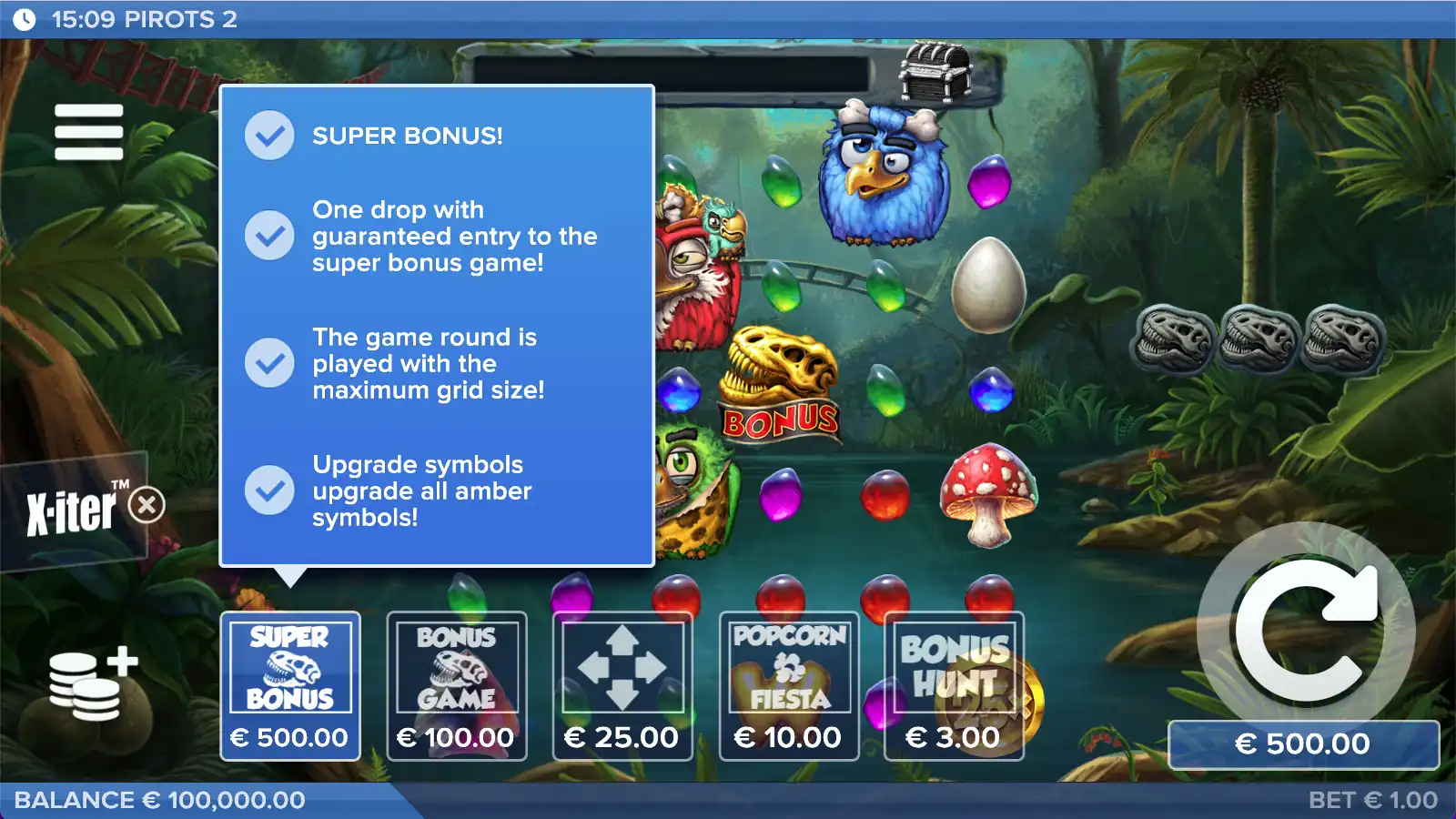 Pirots 2 X-iter bonus buy menu