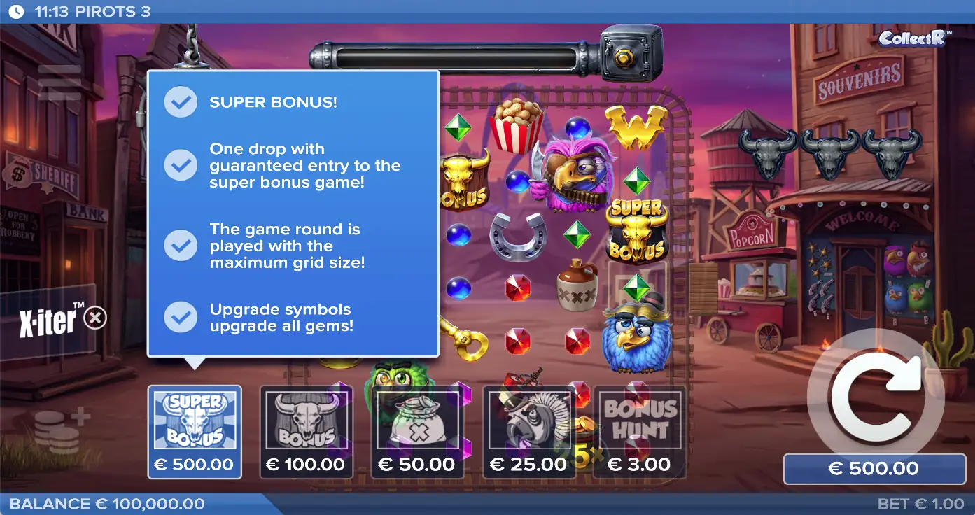 Pirots 3 X-iter bonus buy menu