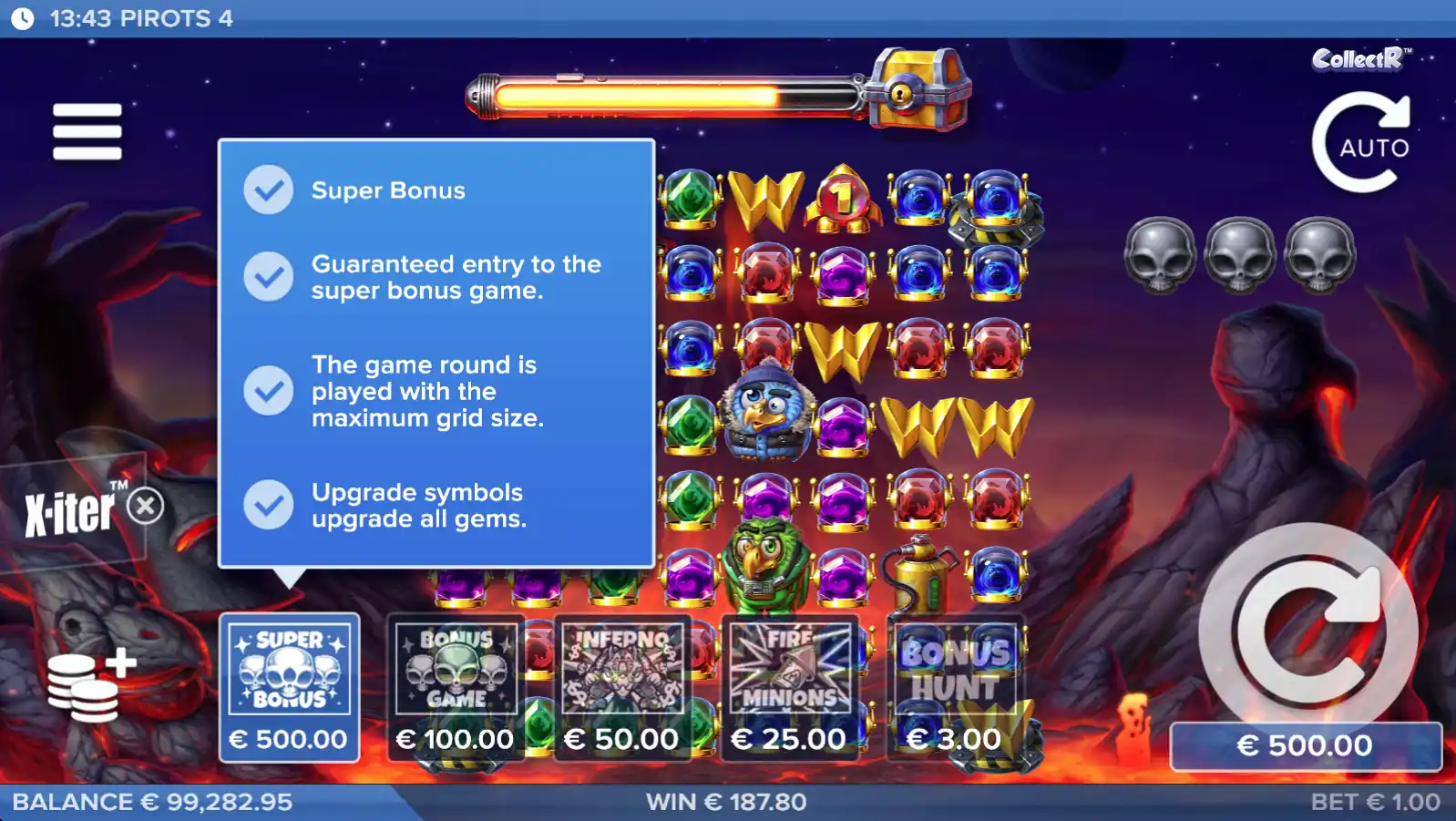 Pirots 4 X-iter bonus buy menu