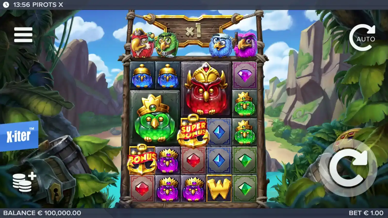 Pirots X base game grid with clusters and birds
